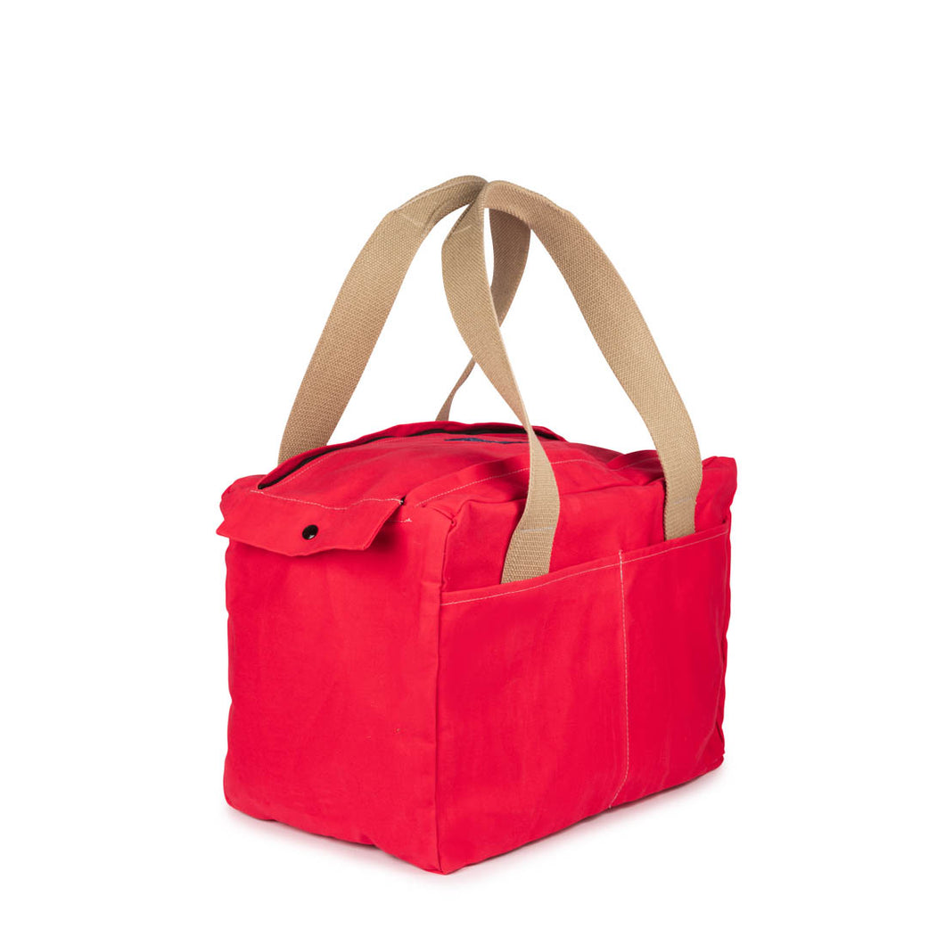 Cobb Canvas Cabin Bag in red, with four outer pockets and strong webbing handles. Ideal as a weekend bag or travel bag.